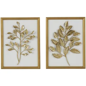 Gold Wood Laef 3D Wall Decor with Beveled Frame Set of 2 13"W x 17"H