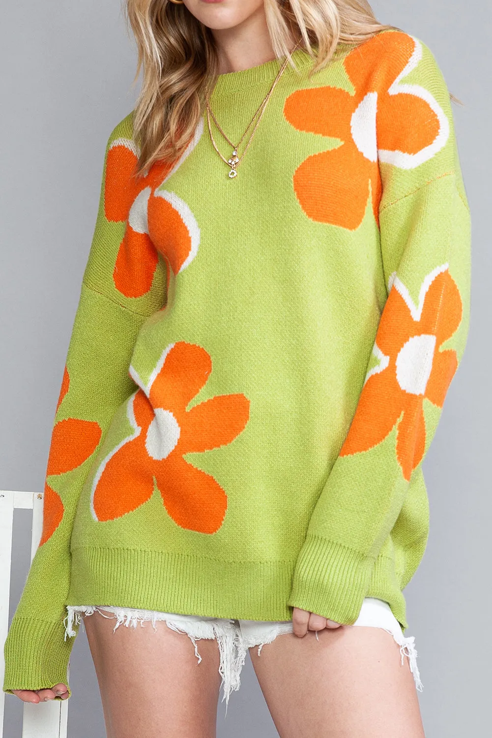 Green 60s Floral Pattern Ribbed Contrast Sweater