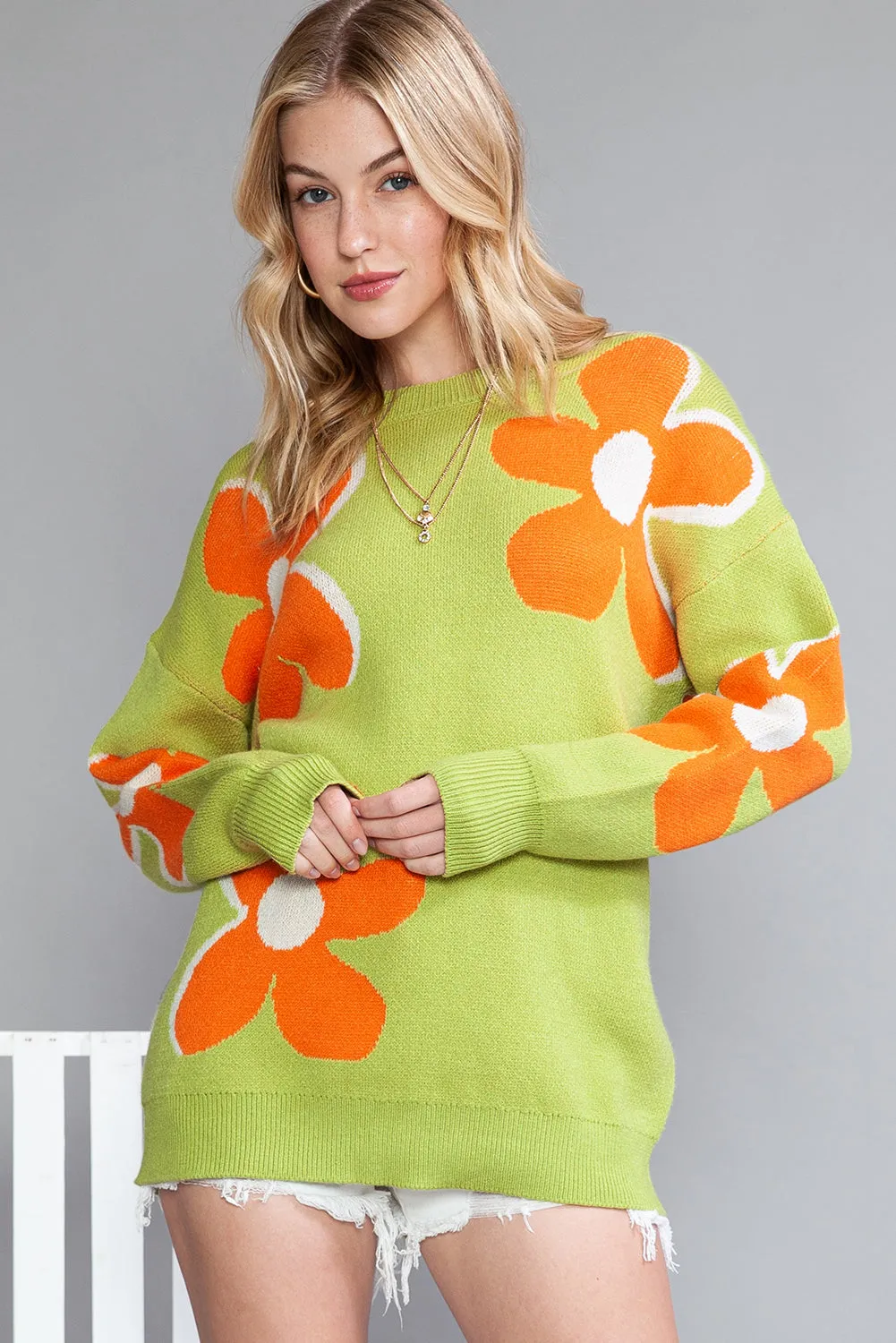 Green 60s Floral Pattern Ribbed Contrast Sweater