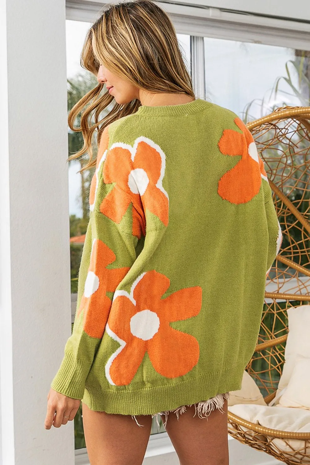 Green 60s Floral Pattern Ribbed Contrast Sweater