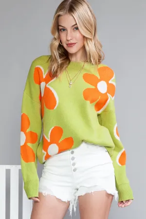 Green 60s Floral Pattern Ribbed Contrast Sweater