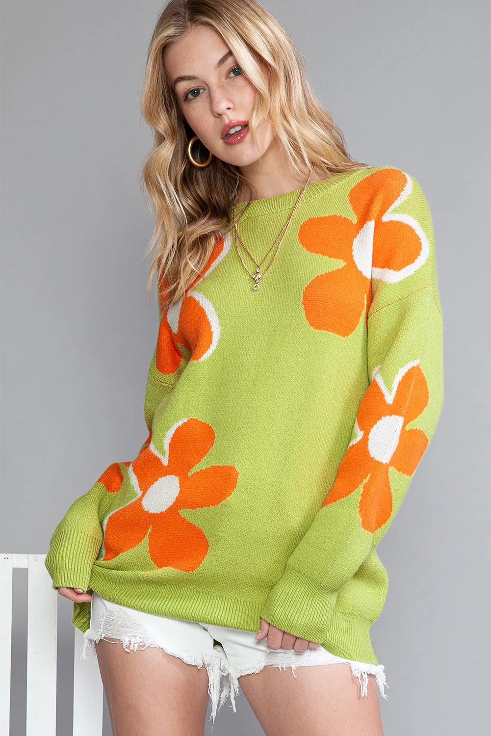 Green 60s Floral Pattern Ribbed Contrast Sweater