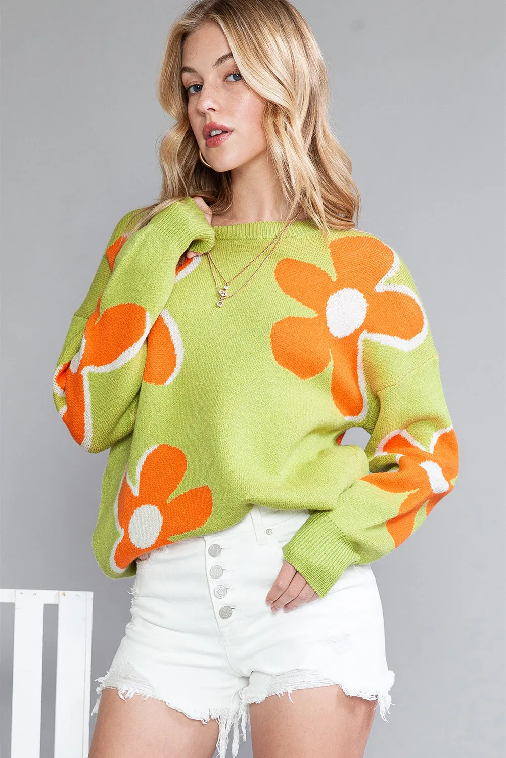 Green 60s Floral Pattern Ribbed Contrast Sweater