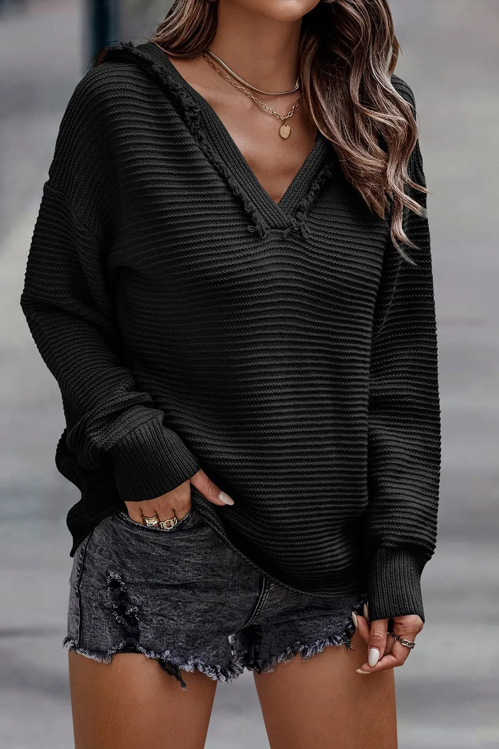 Grey Split V Neck Casual Knit Hooded Sweater