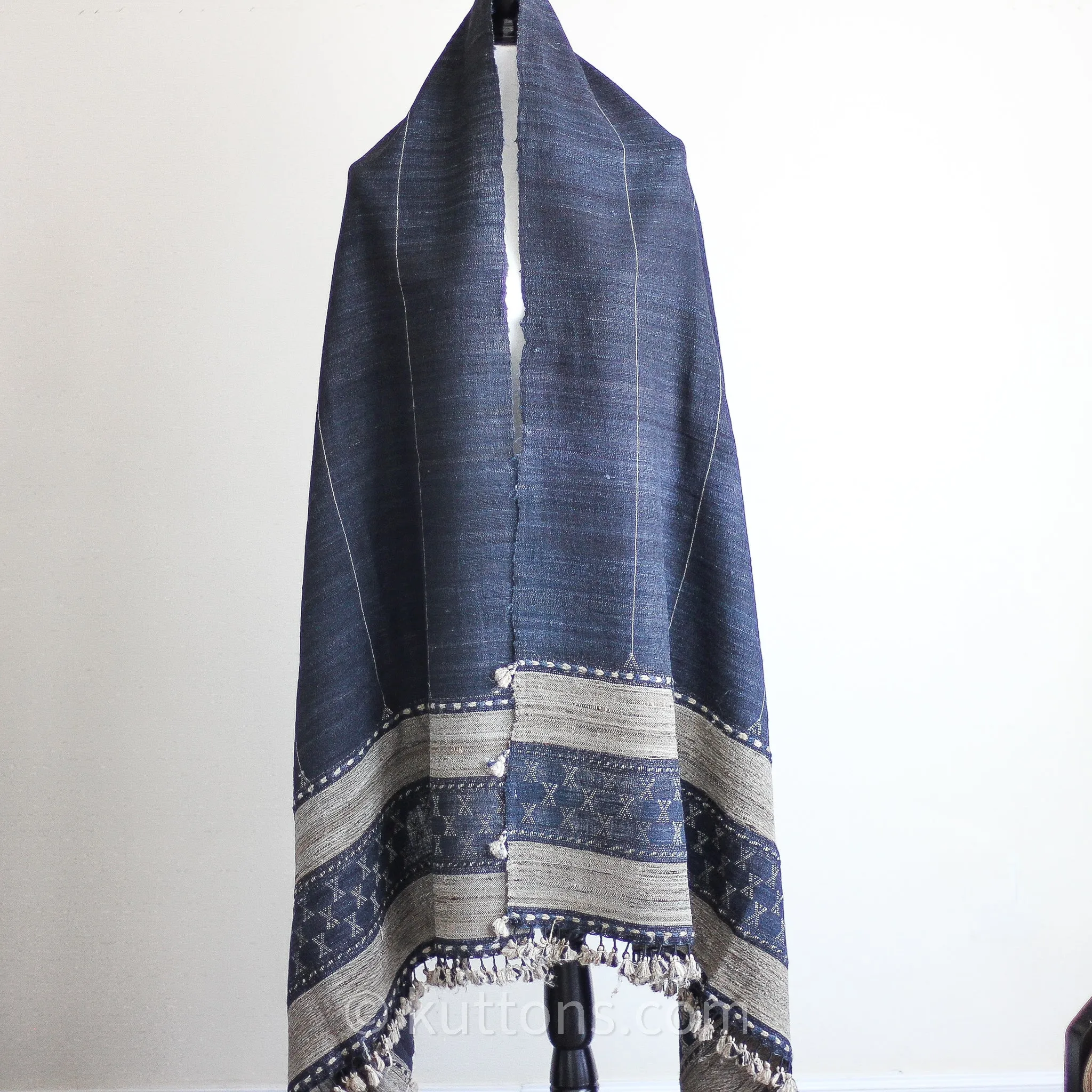 Handwoven Tussar Silk & Merino Wool Shawl with Tassels | Black, Brown, 38x86"