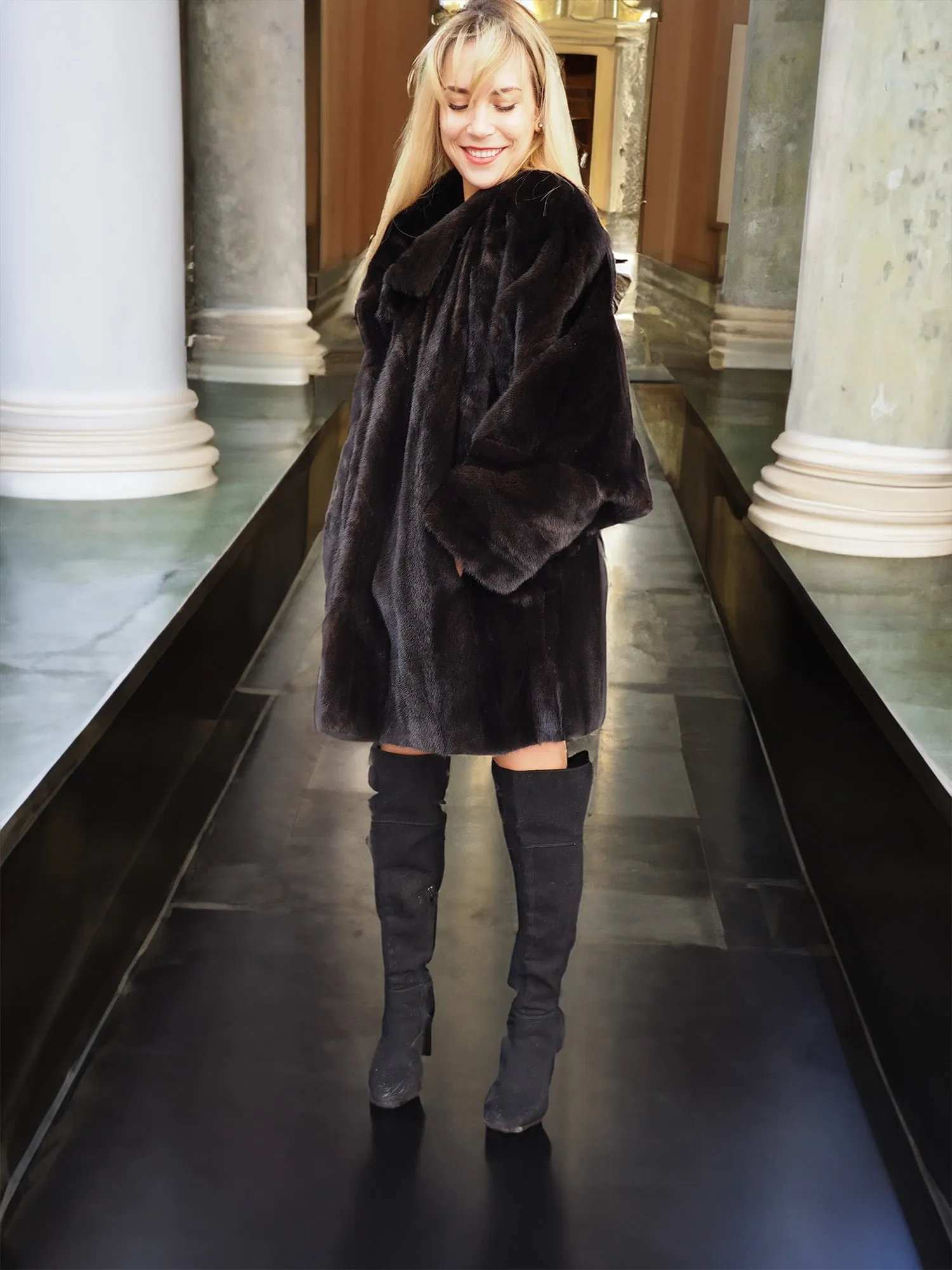 High Quality NAFA Female Black Mink Fur Jacket Coat Brand New XL to 3XL