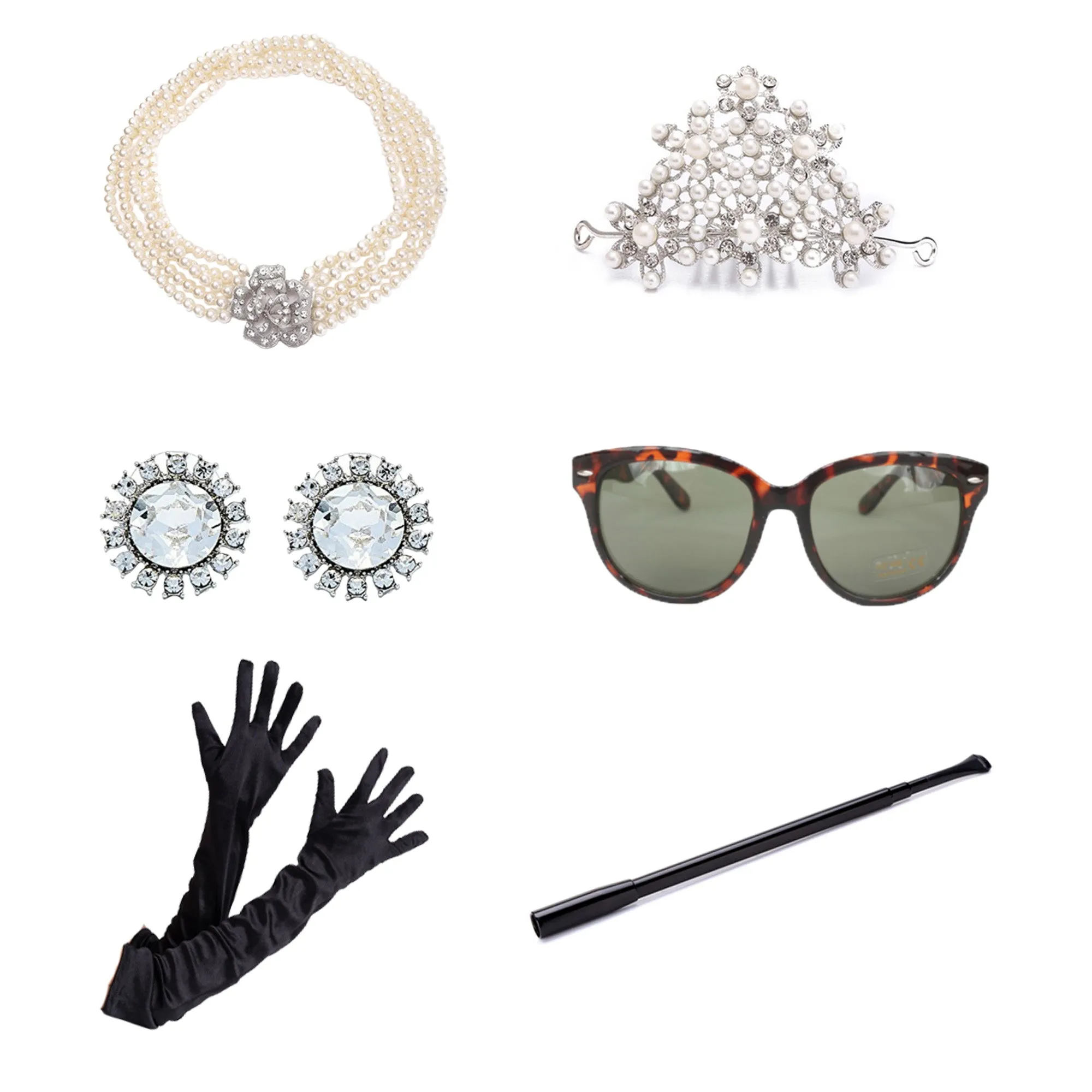 Holly Golightly Halloween Costume 6 Piece Jewelry and Accessories Set Tiara Necklace Earrings Long Satin Gloves Functional Cigarette Holder Sunglasses (Rental)