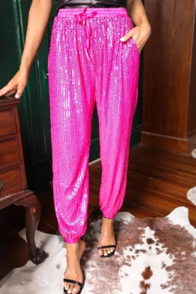 Hot Pink Electric Sequin High Rise Jogger