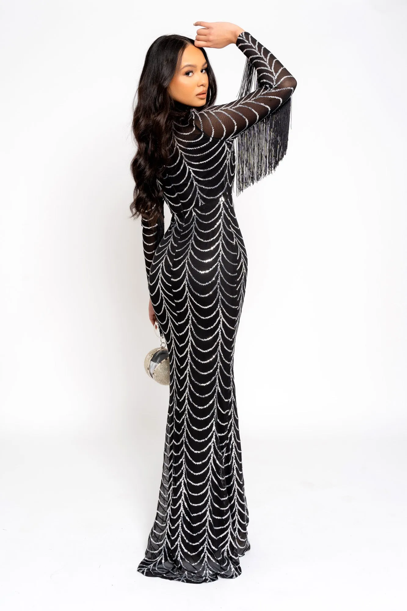 Hypnotic Black Silver Luxe VIP Tassel Fringe Sequin Embellished Illusion Long Sleeve Maxi Dress