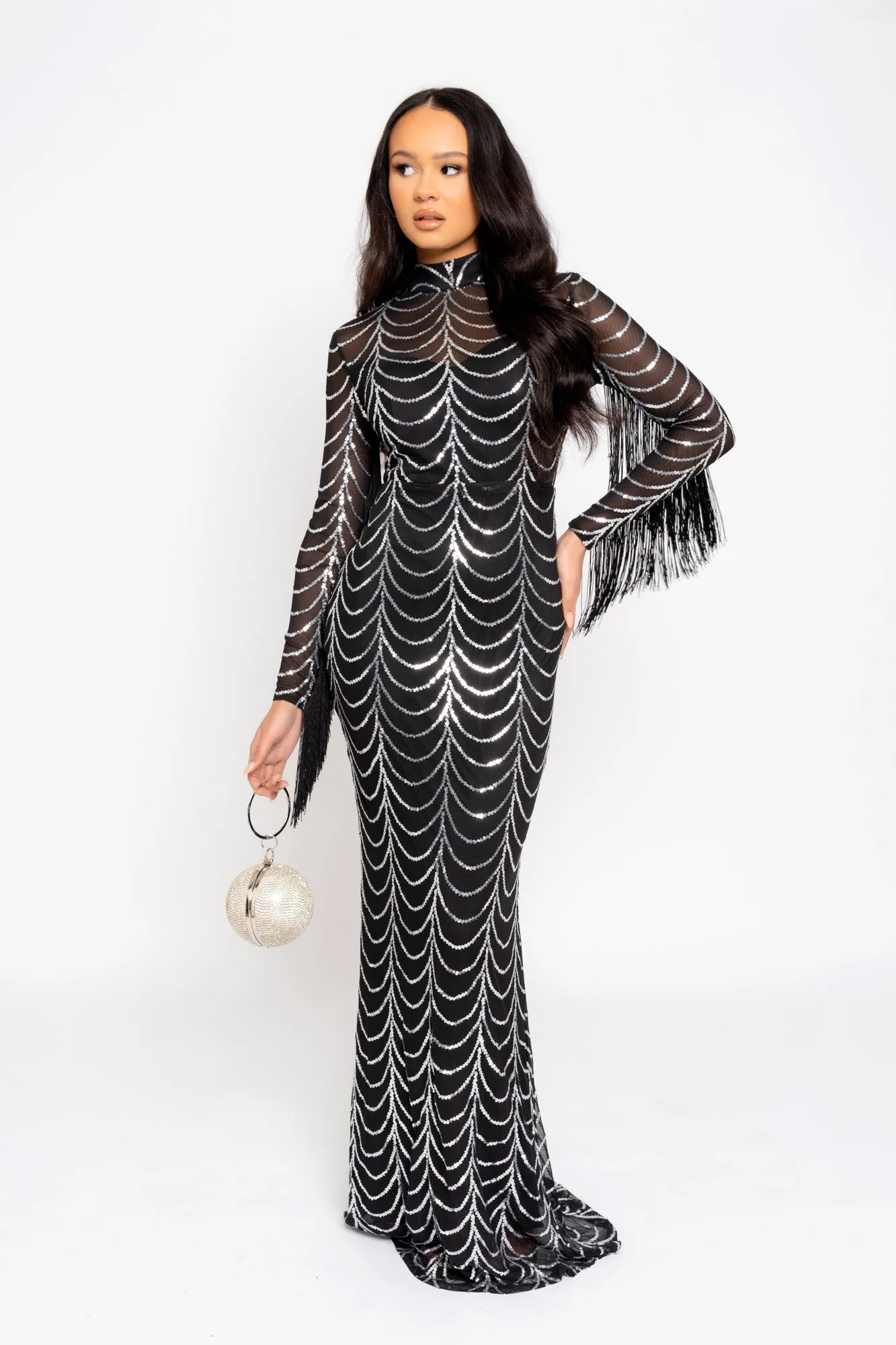 Hypnotic Black Silver Luxe VIP Tassel Fringe Sequin Embellished Illusion Long Sleeve Maxi Dress