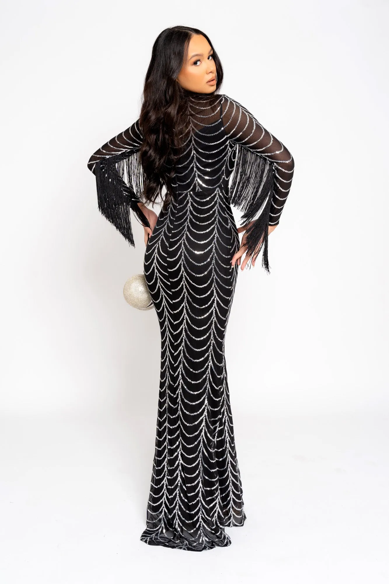 Hypnotic Black Silver Luxe VIP Tassel Fringe Sequin Embellished Illusion Long Sleeve Maxi Dress