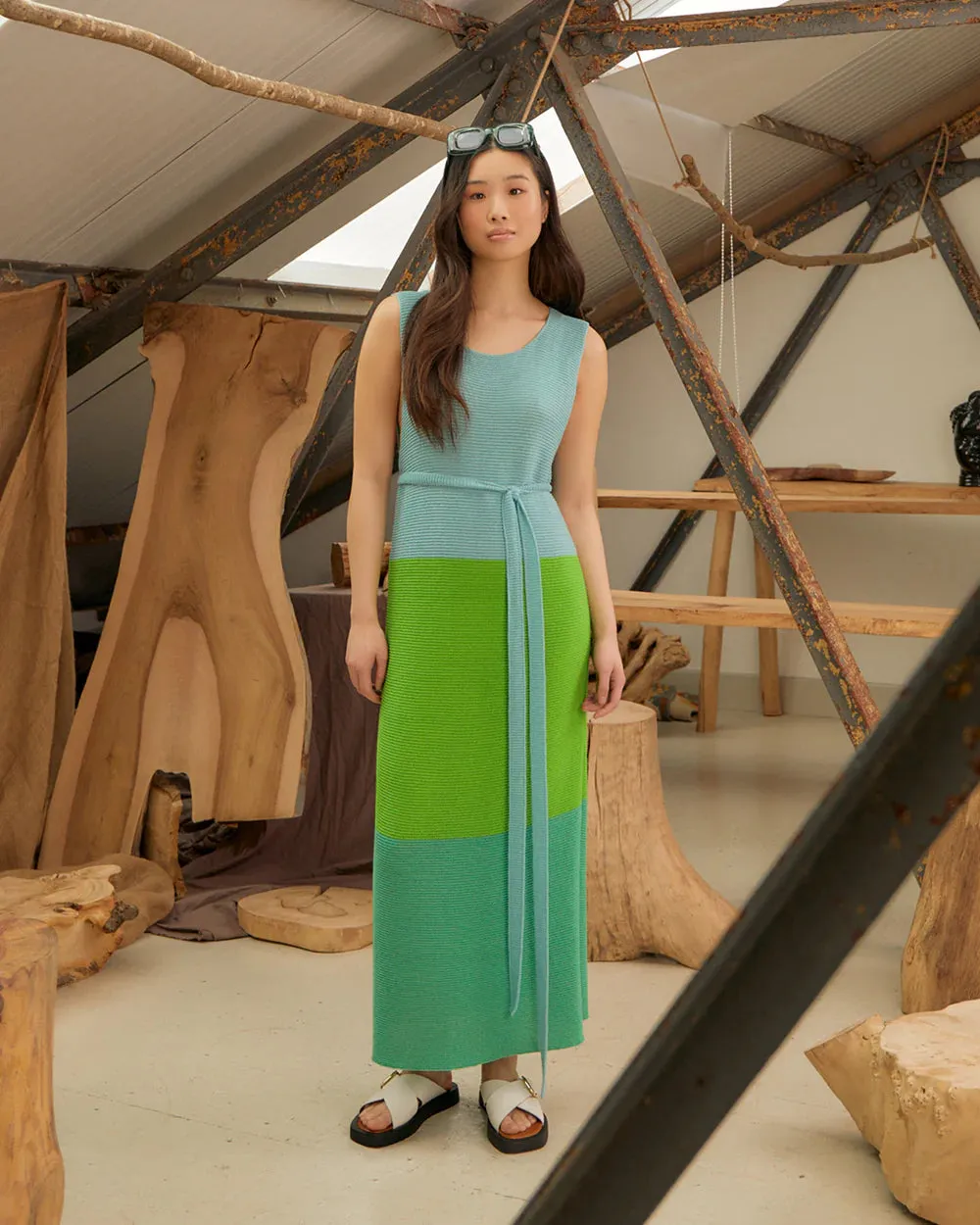 Ingmarson Colour Block Belted Slit Dress Green & Blue