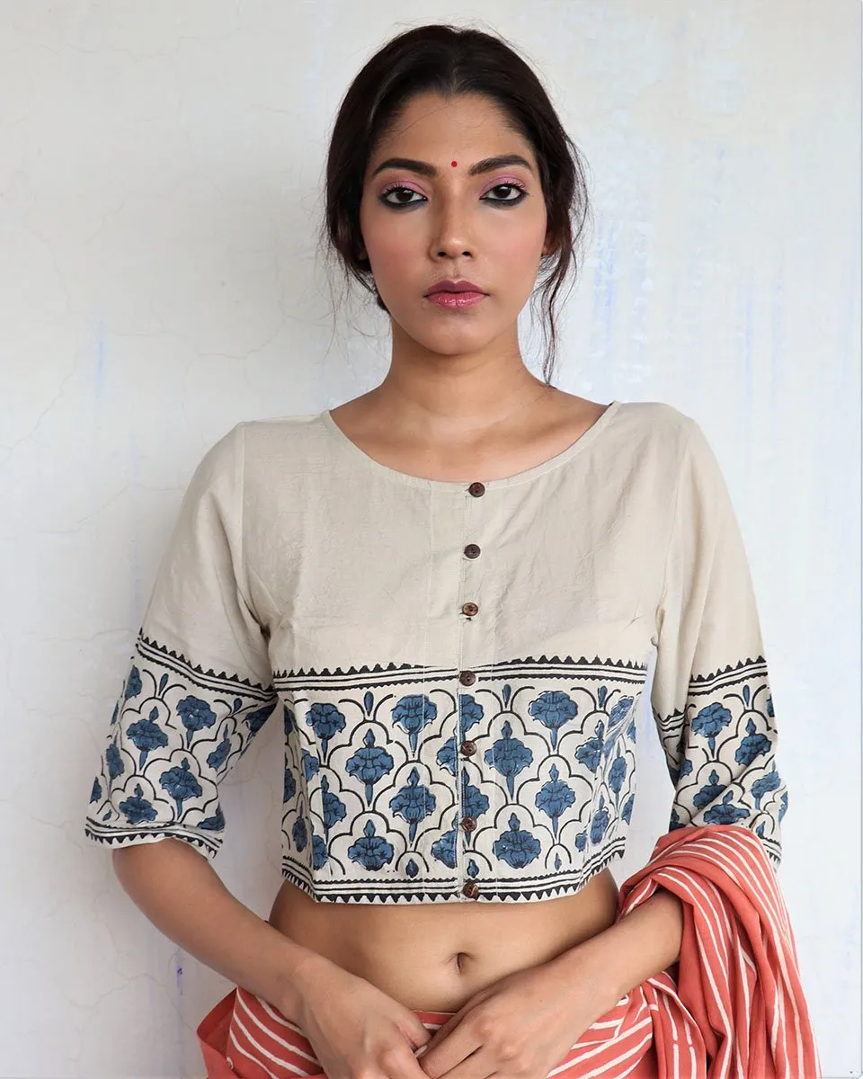 Ivory Grey Handprinted Crop Top  Cotton Blouse - God