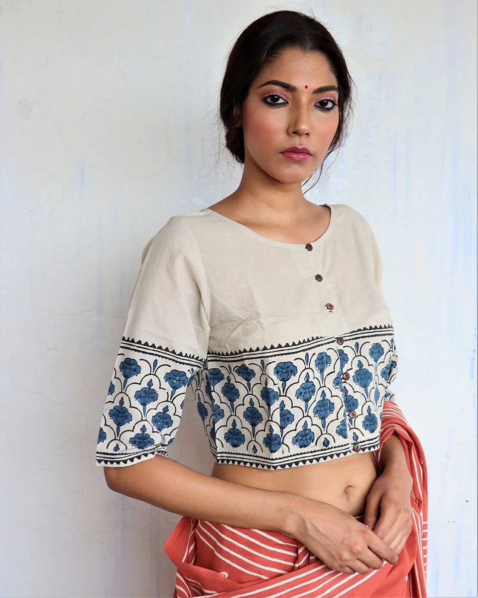 Ivory Grey Handprinted Crop Top  Cotton Blouse - God