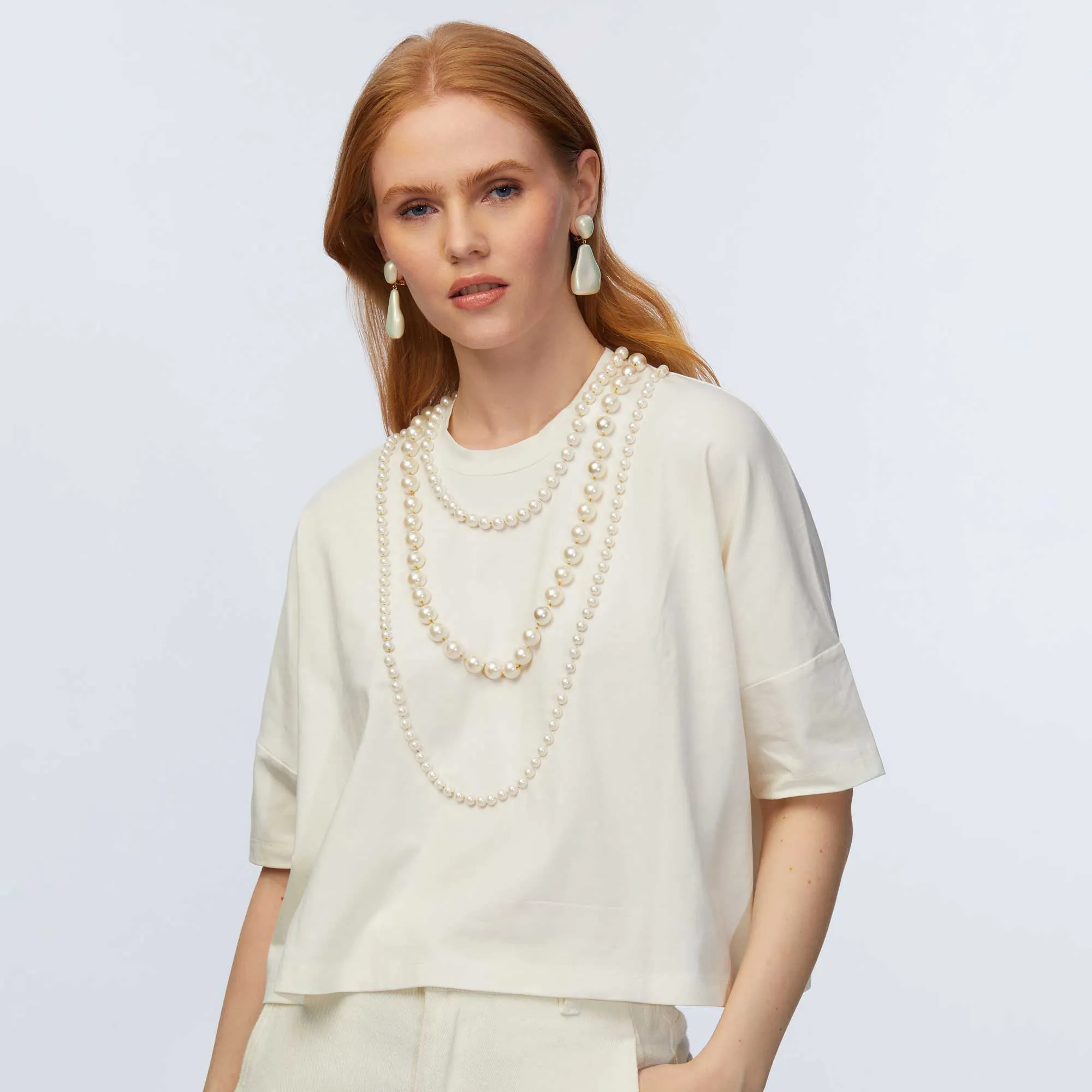 IVORY SHORT-SLEEVE PEARL STRAND TEE