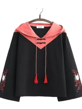 Japanese Harakuju Embroidery Cotton Hooded Sweatshirt Women Summer Vintage Hoodies Korean Female Basic Pullover Top