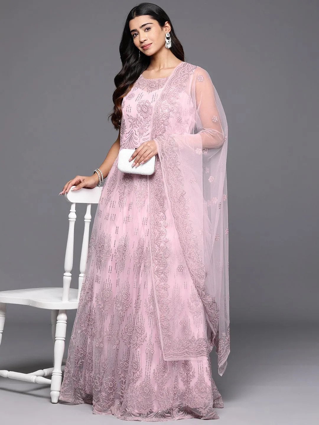 Jashvi Art Pink Embellished Net Gown Dress With Dupatta