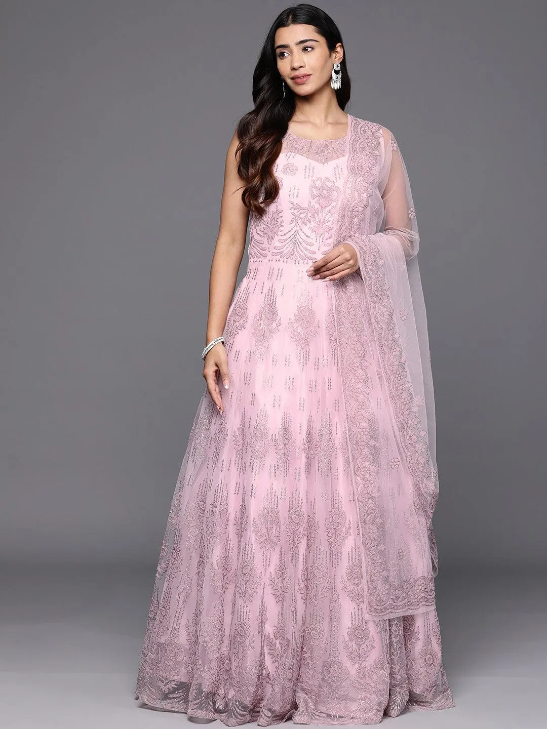 Jashvi Art Pink Embellished Net Gown Dress With Dupatta