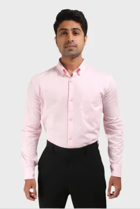 JONESBURG MENS BABY PINK SATIN SLUB SLIM FIT SEMI FORMAL SHIRT