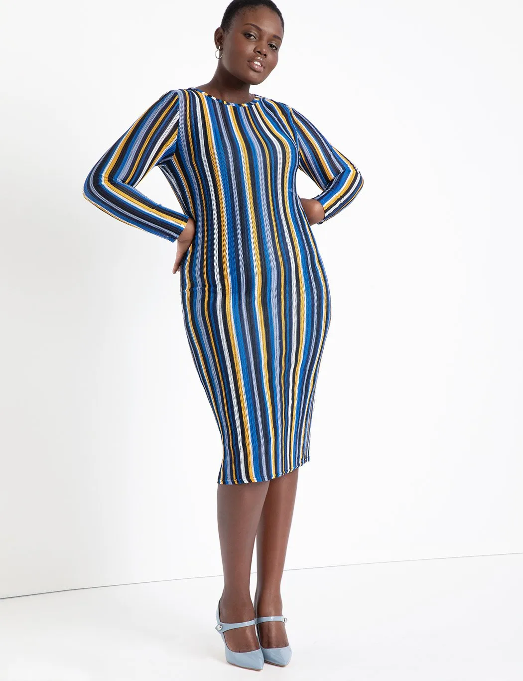 Knit Bodycon Dress in Blue & Yellow Stripes