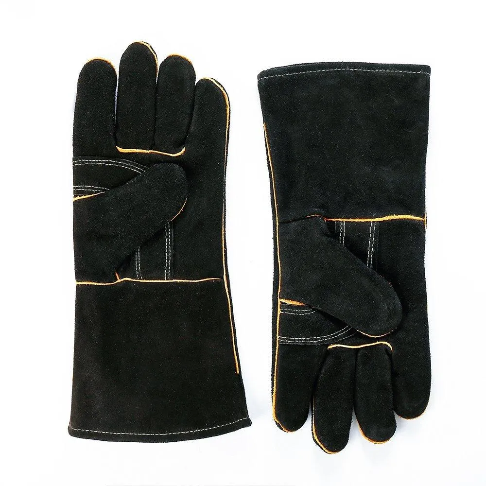 Leather Barbecue Gloves by LeaSeek - Heat Resistant and Flame Retardant Welding Gloves and Fireplace Gloves and Grill Gloves and BBQ Gloves, Heavy duty, Black - 14 &quot;