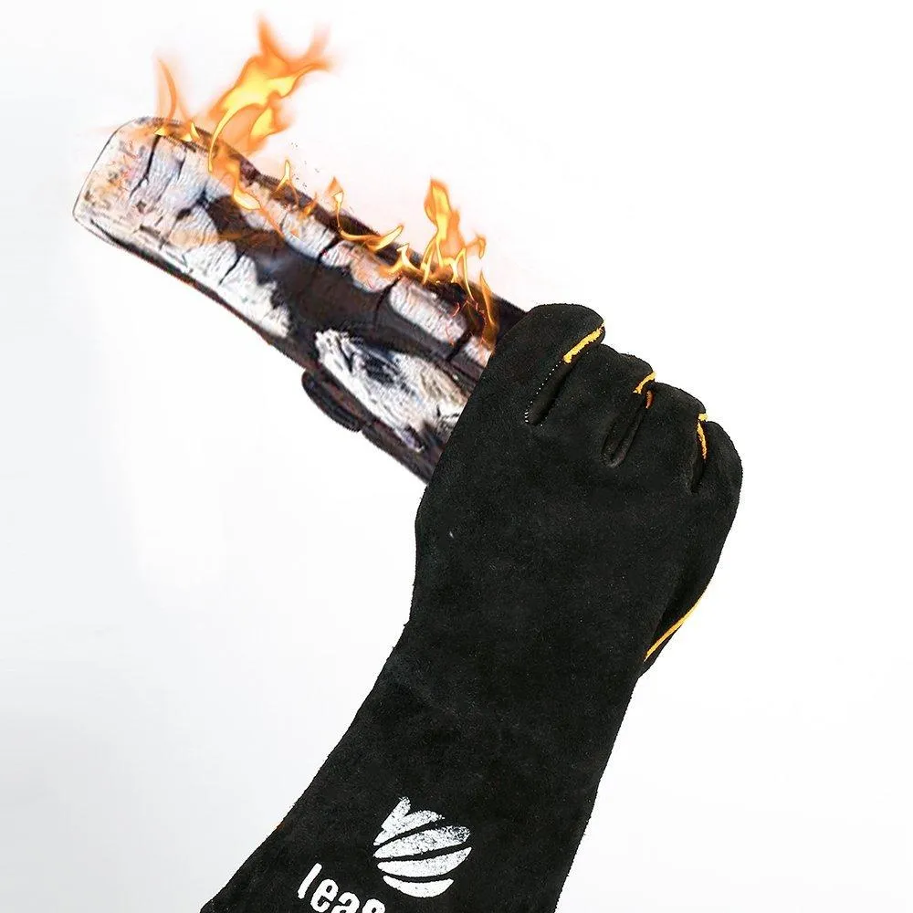 Leather Barbecue Gloves by LeaSeek - Heat Resistant and Flame Retardant Welding Gloves and Fireplace Gloves and Grill Gloves and BBQ Gloves, Heavy duty, Black - 14 &quot;