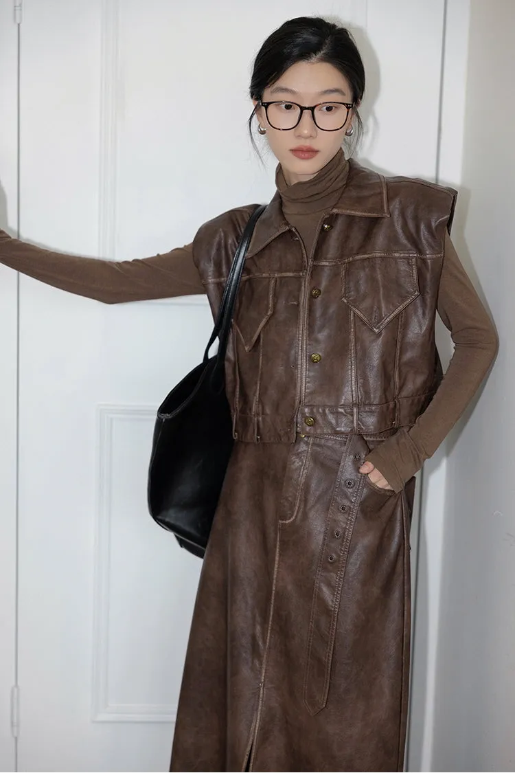 Leather Suit Set & Vest Jacket with Skirt Two-Piece Retro Style