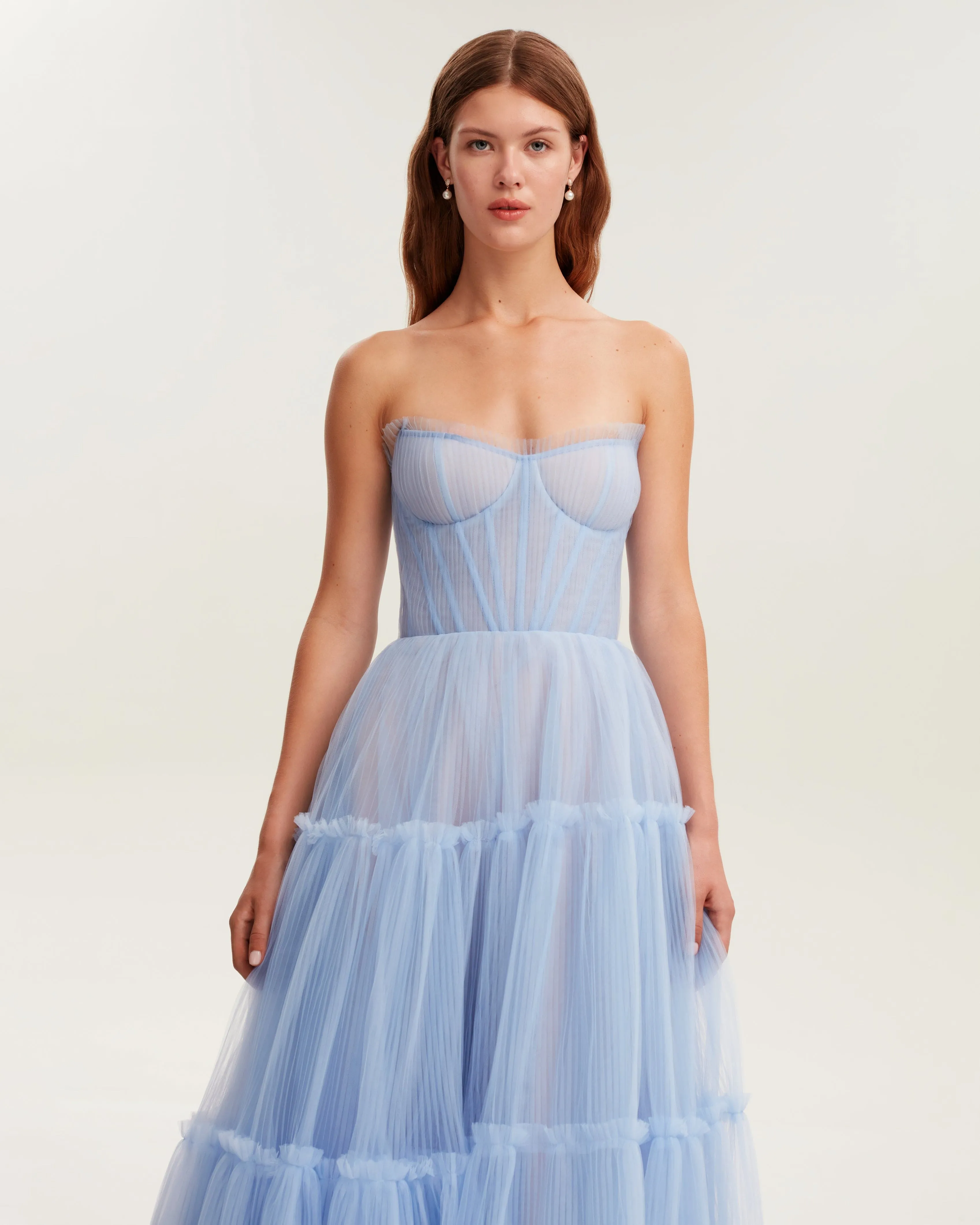 Light blue tulle maxi dress with ruffled skirt, Garden of Eden