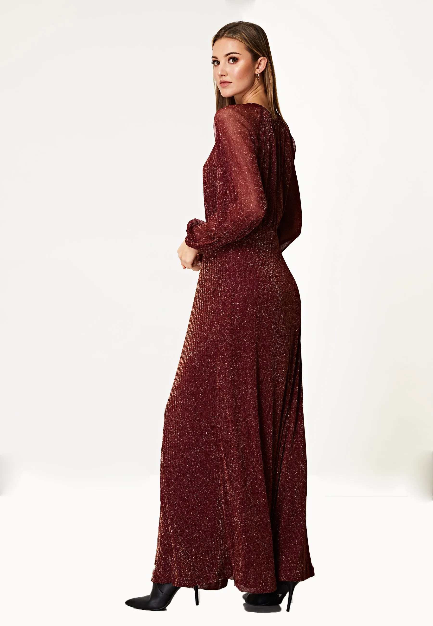 Long Sleeve Chiffon Maxi Dress Gold Lurex Flecking in Burgundy