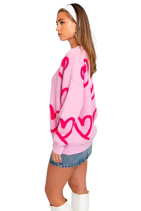 Long Sleeve Round Neck Heart Printed Sweater