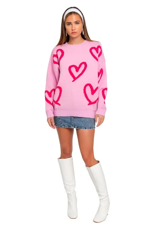 Long Sleeve Round Neck Heart Printed Sweater