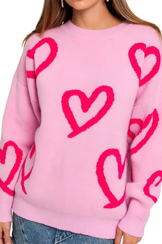 Long Sleeve Round Neck Heart Printed Sweater