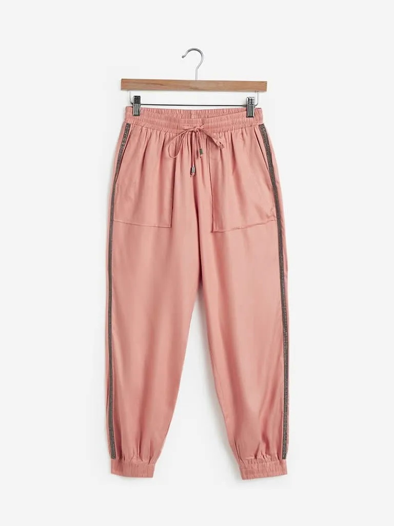 LOV Light-Pink Rhinestone Detailed Rocha Joggers