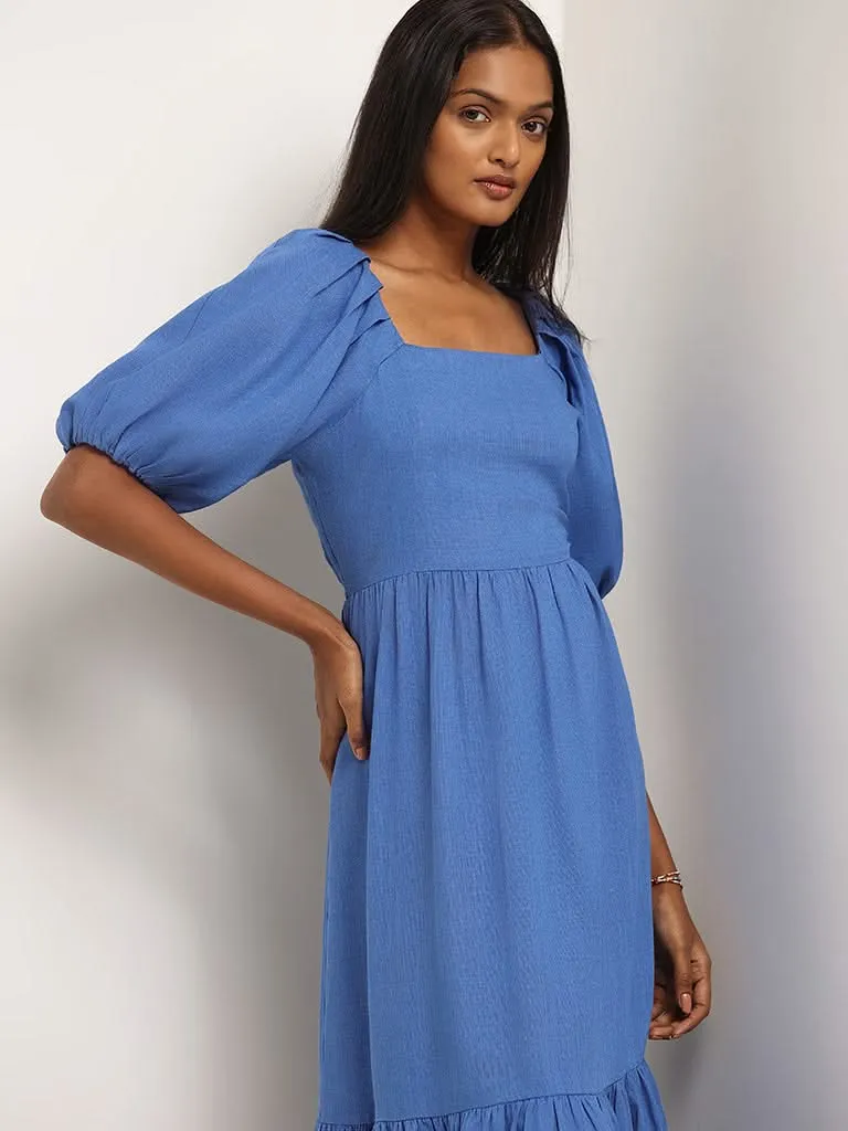 LOV Solid Blue Tiered Blended Linen Maxi Dress