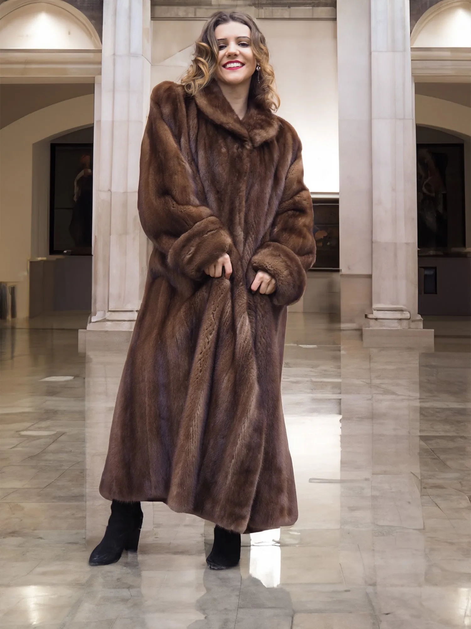 Luxurious Brown Demi Buff Canadian Mink Fur Coat 80" Sweep L