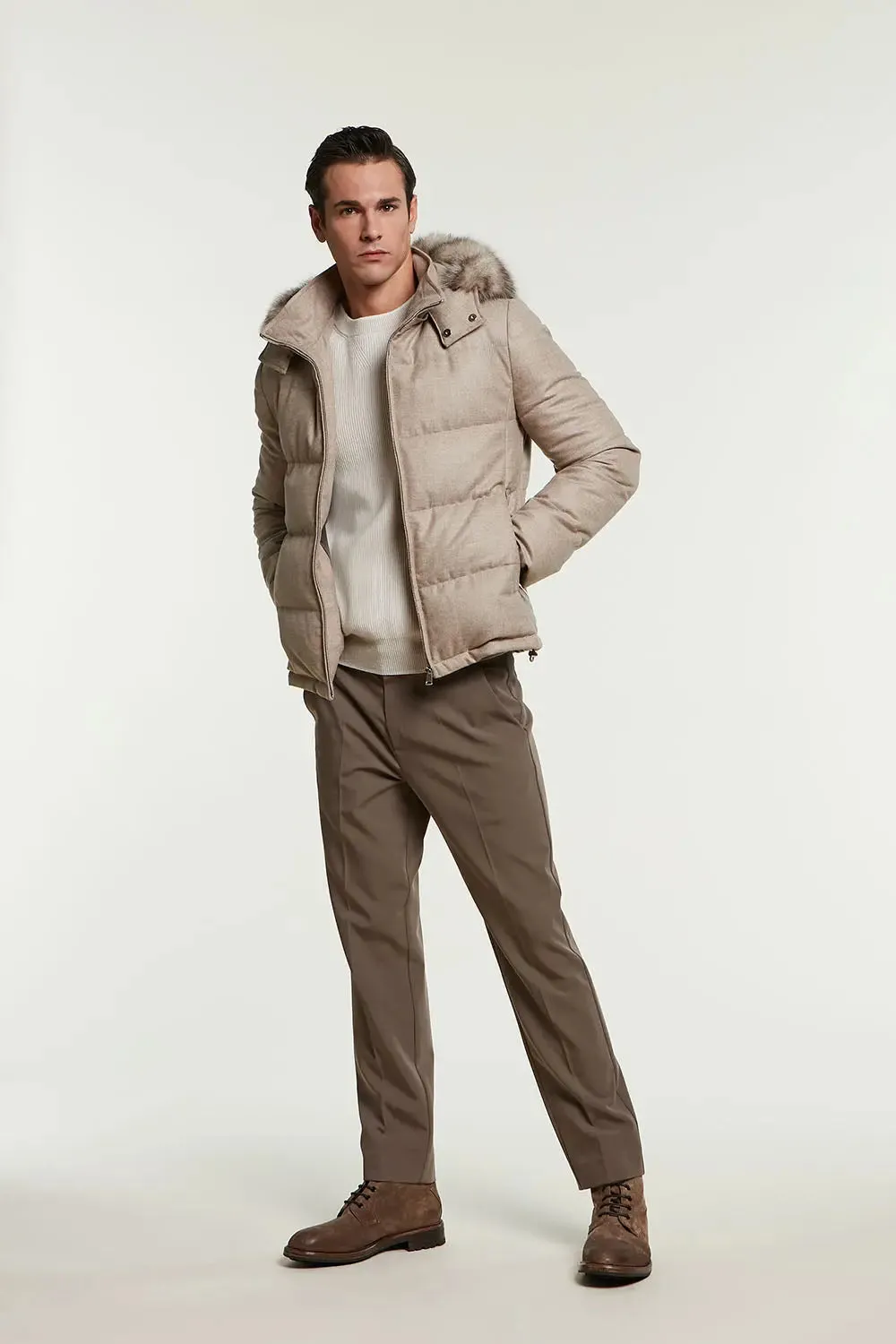 Mens down jacket with fur hood