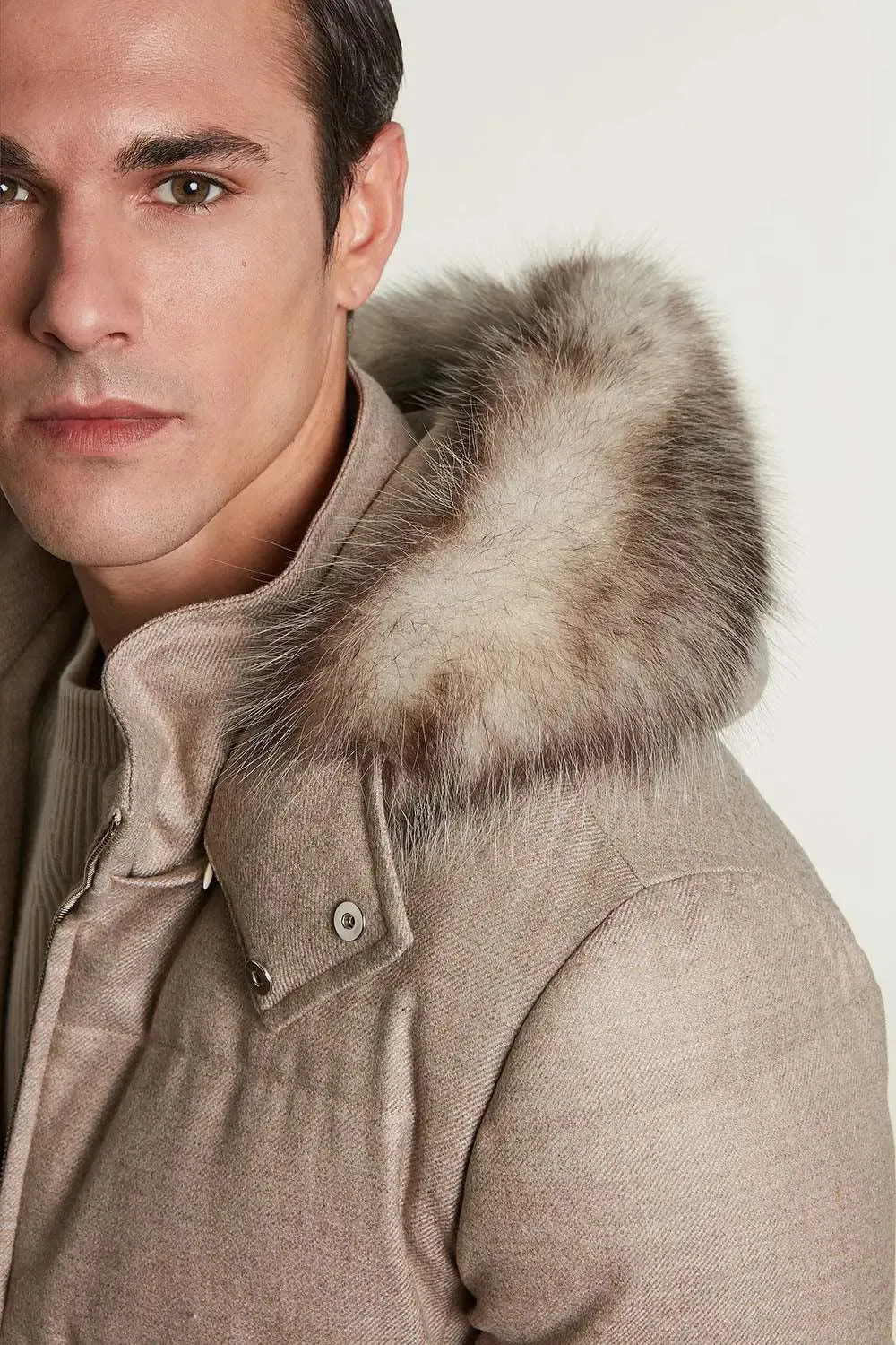 Mens down jacket with fur hood