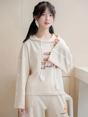 Metaversmall Cartoon Print Casual Hoodies Cotton Sweatshirt Women Summer Sweet Style Female Long Sleeve Basic Hooded Pullover Top