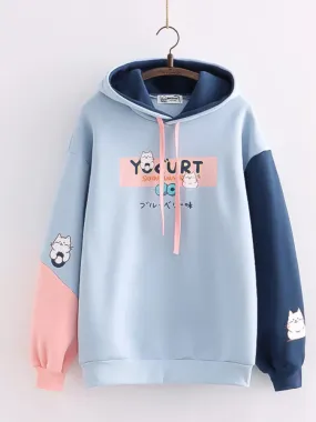 Metaversmall Kawaii Cat Print Women Hoodies Spring Long Sleeve Drawstring Cotton Hooded Sweatshirt Female Harajuku Cute Pullover Tops