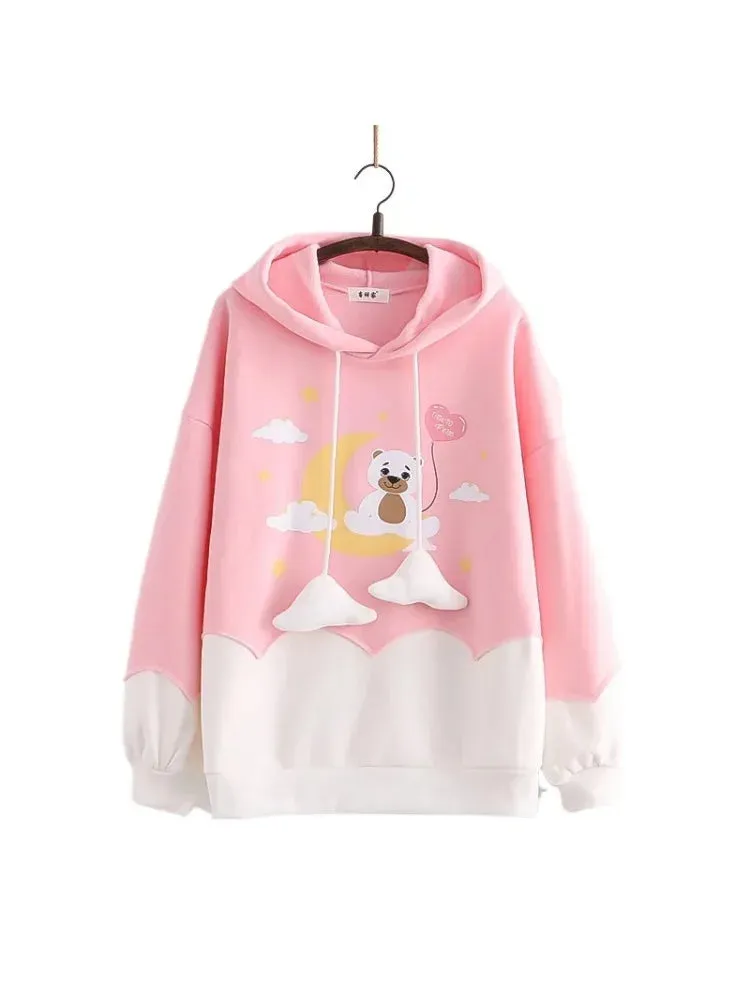 Metaversmall Kawaii Women Hoodies Harajuku Bear Print Cute Drawstring Hooded Sweatshirts Winter Long Sleeve Female Sweet Pullover Tops