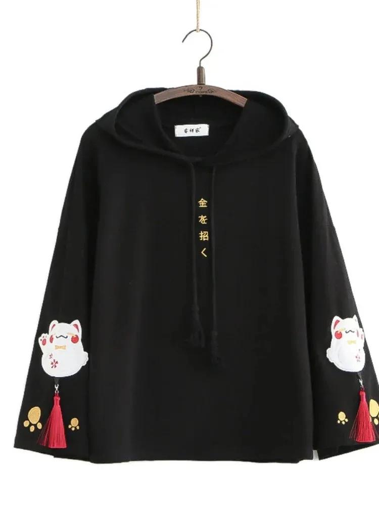 Metaversmall Women Cotton Hooded Sweatshirts With Cartoon Embroidery Casual Hoodies Flare Sleeve Balck Harakuju Pullover Kawaii Chothes