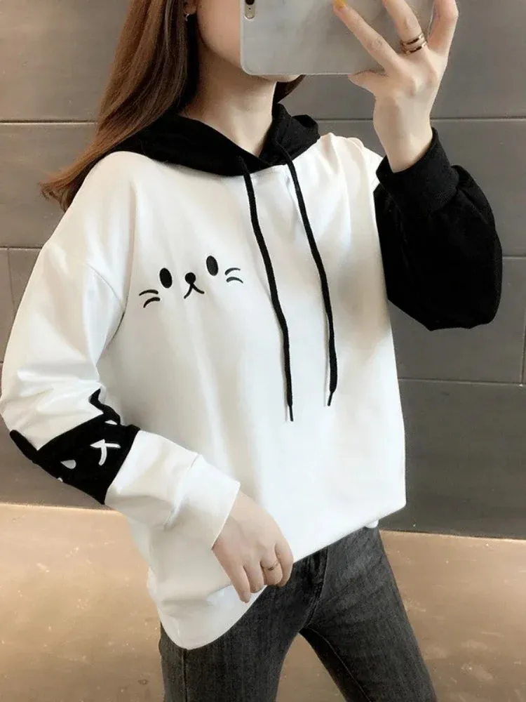 Metaversmall Women Hooded Sweatshirts Fall Winter Long Sleeve Hit Color Pullover Femme Cartoon Cat Embroidery Harajuku Hoodies