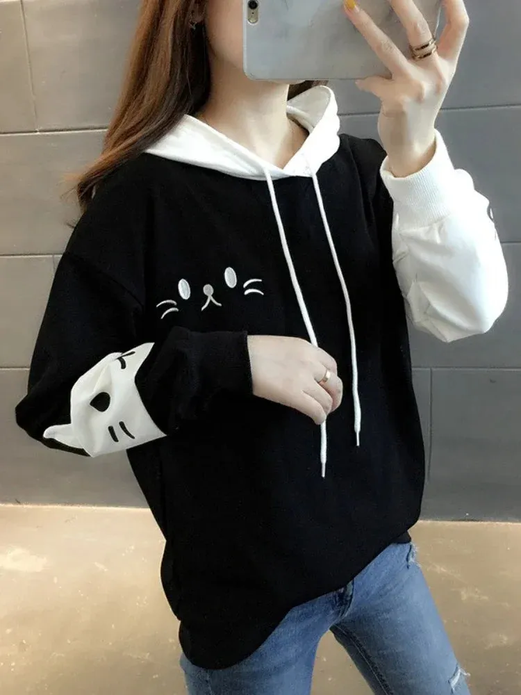 Metaversmall Women Hooded Sweatshirts Fall Winter Long Sleeve Hit Color Pullover Femme Cartoon Cat Embroidery Harajuku Hoodies