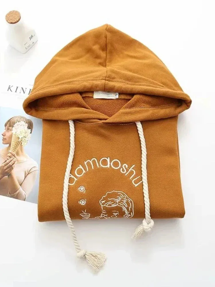 Metaversmall Yellow Solid Cartoon Embroidery Casual Women Hooded Sweatshirts Winter Long Sleeve Pocket Hoodies Female Pullover Tracksuit