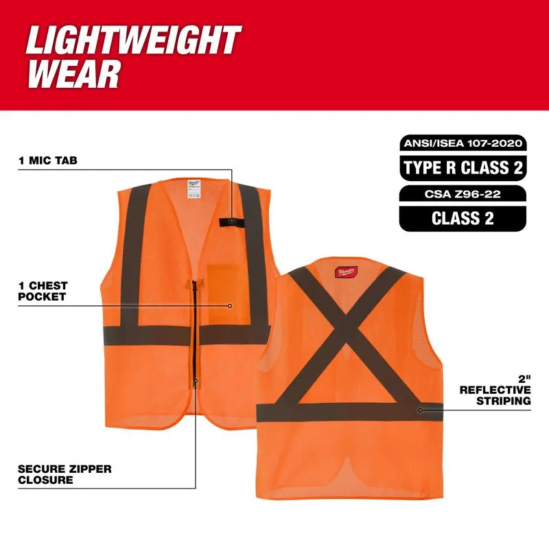 Milwaukee CSA Type R/Class 2 Reflective Mesh/One Pocket Safety Vest High Visibility Orange L/XL