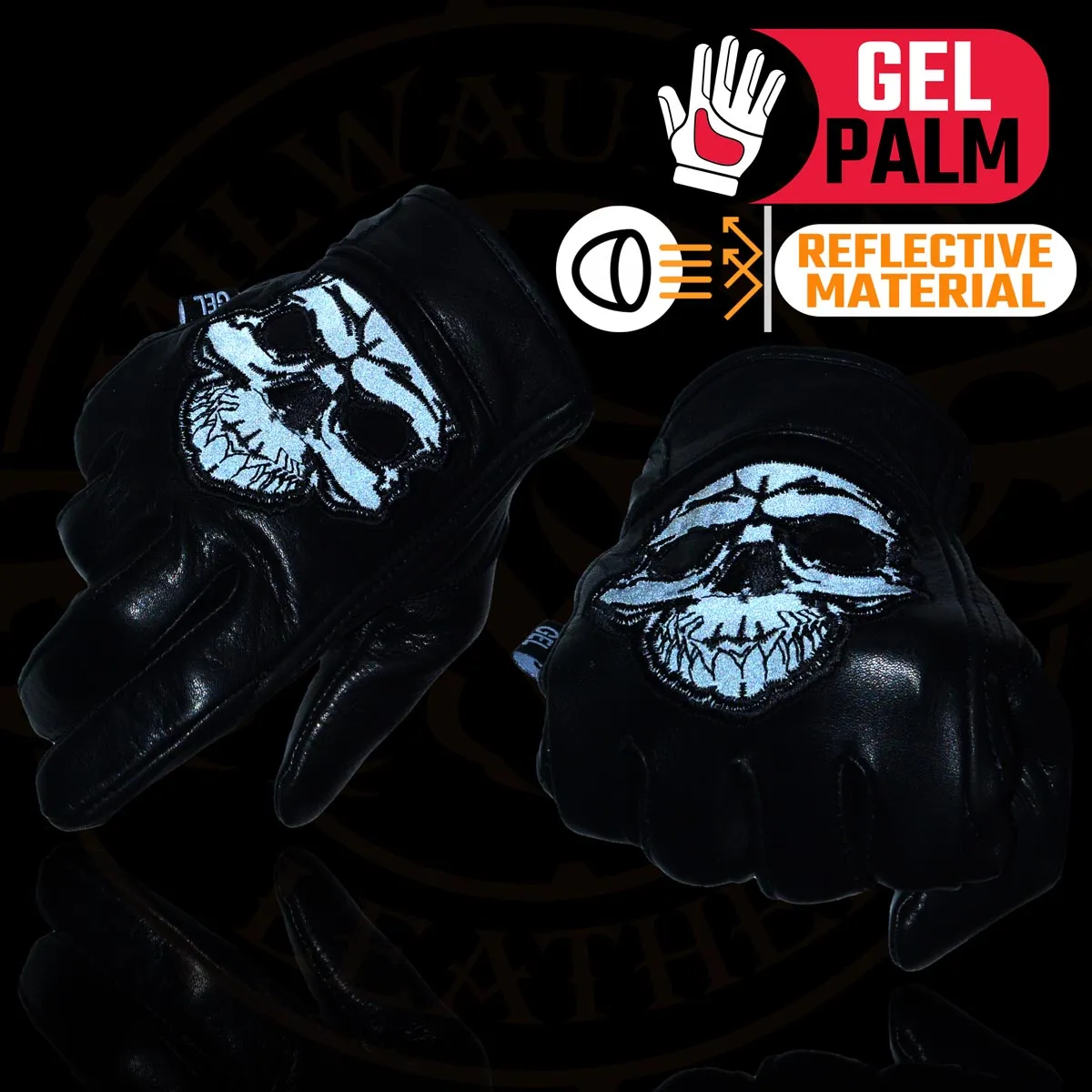 Milwaukee Leather Men's Black Leather ‘Reflective Skull’ Motorcycle Hand Gloves W/Gel Padded Palm MG7570