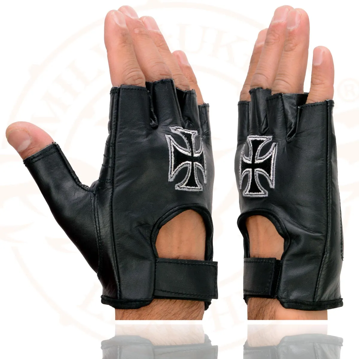 Milwaukee Leather SH354 Men's 'Iron Cross' Black Leather Fingerless Gloves