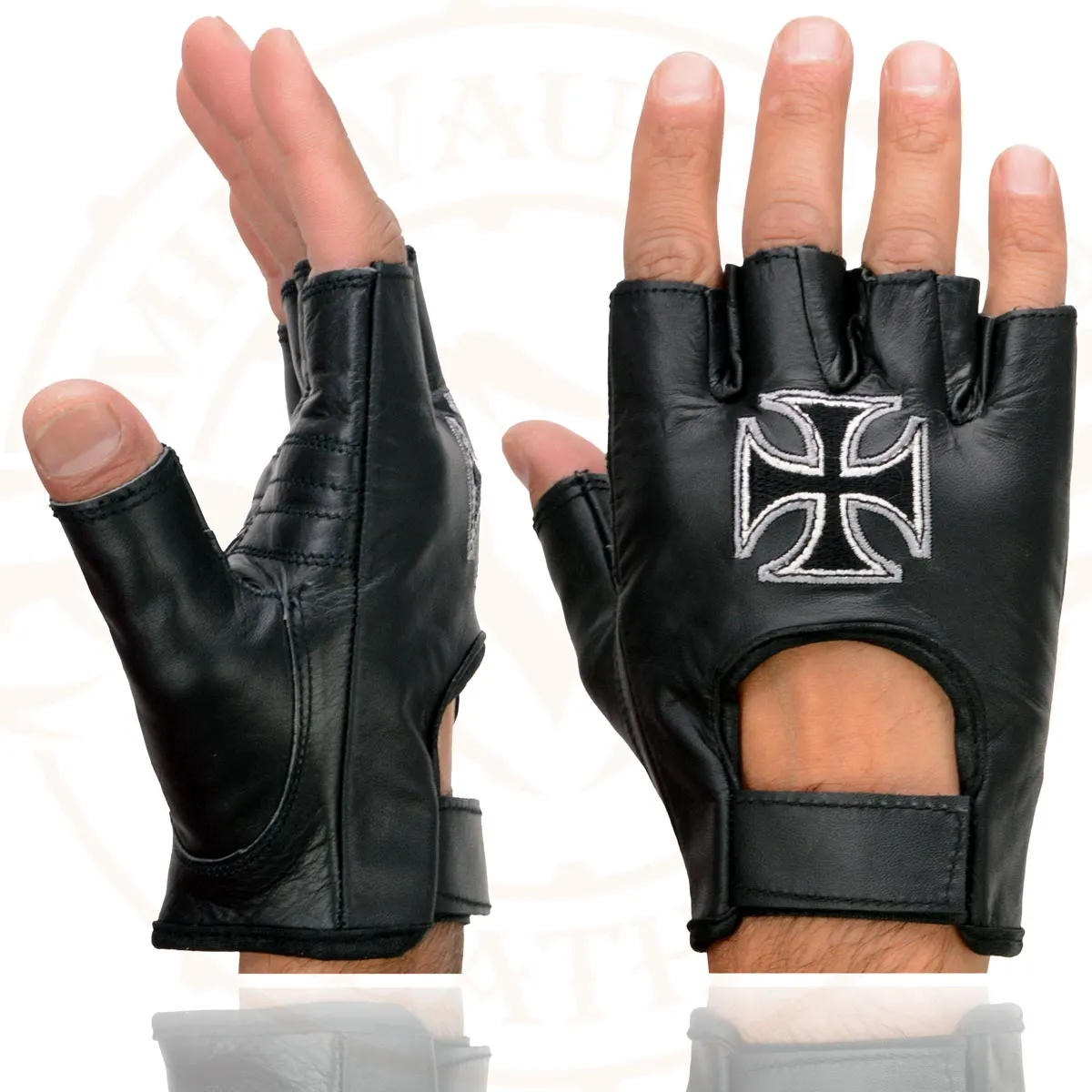 Milwaukee Leather SH354 Men's 'Iron Cross' Black Leather Fingerless Gloves