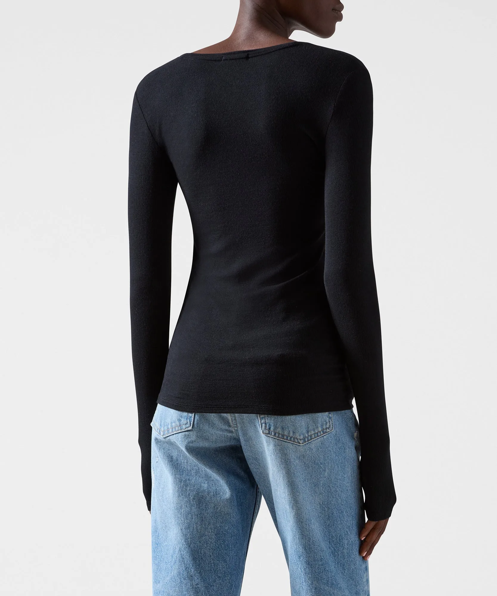 Modal Rib Long Sleeve V-Neck Tee - Black