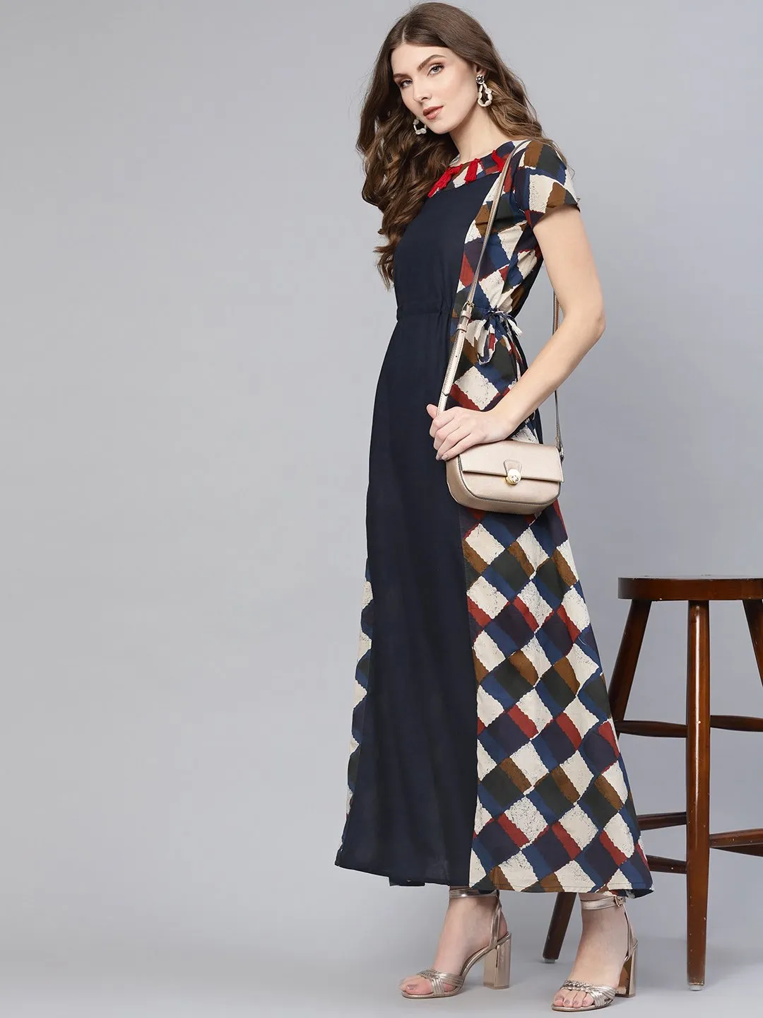 Navy Blue & Cream Geometric Multi Printed With A Round Neck And Short Sleeves Maxi Dress